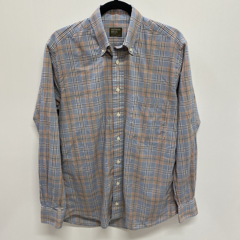 Gitman Bros Tattersall Plaid Men's M Button Down Dress Shirt USA Orange Blue - Picture 2 of 6